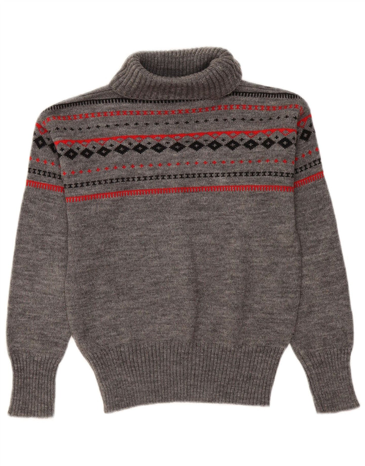 Suéter feminino vintage com gola redonda UK 12 cinza médio Fair Isle