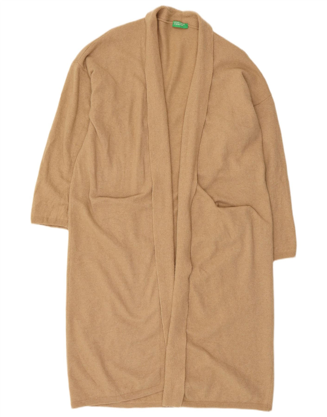 Suéter feminino Benetton Longline aberto cardigan Reino Unido 16 grande lã bege
