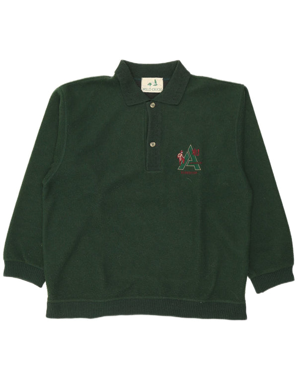Suéter masculino vintage com gola polo e lã verde médio