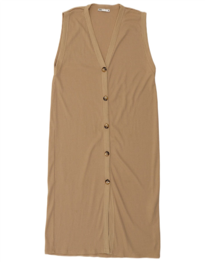 Vestido maxi feminino sem mangas Zara Reino Unido 16 grande poliéster bege