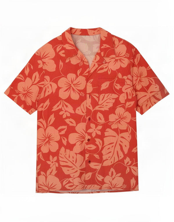 Camisa masculina havaiana vintage de manga curta médio floral vermelho