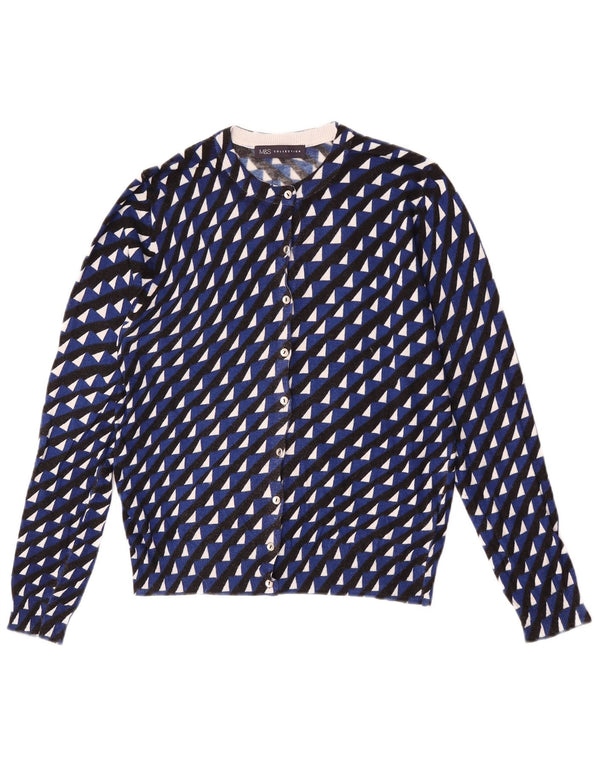Suéter cardigã feminino Marks & Spencer Reino Unido 14 azul médio geométrico