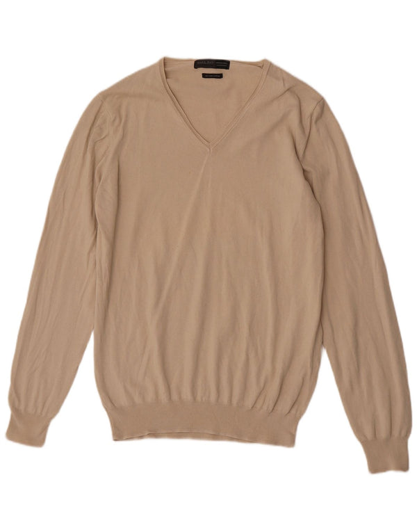 Zara Suéter masculino regular com decote em V, grande algodão bege