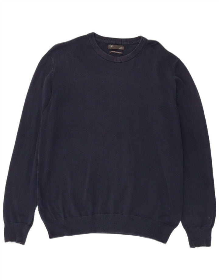 Suéter masculino Marks & Spencer com gola redonda, grande algodão azul marinho
