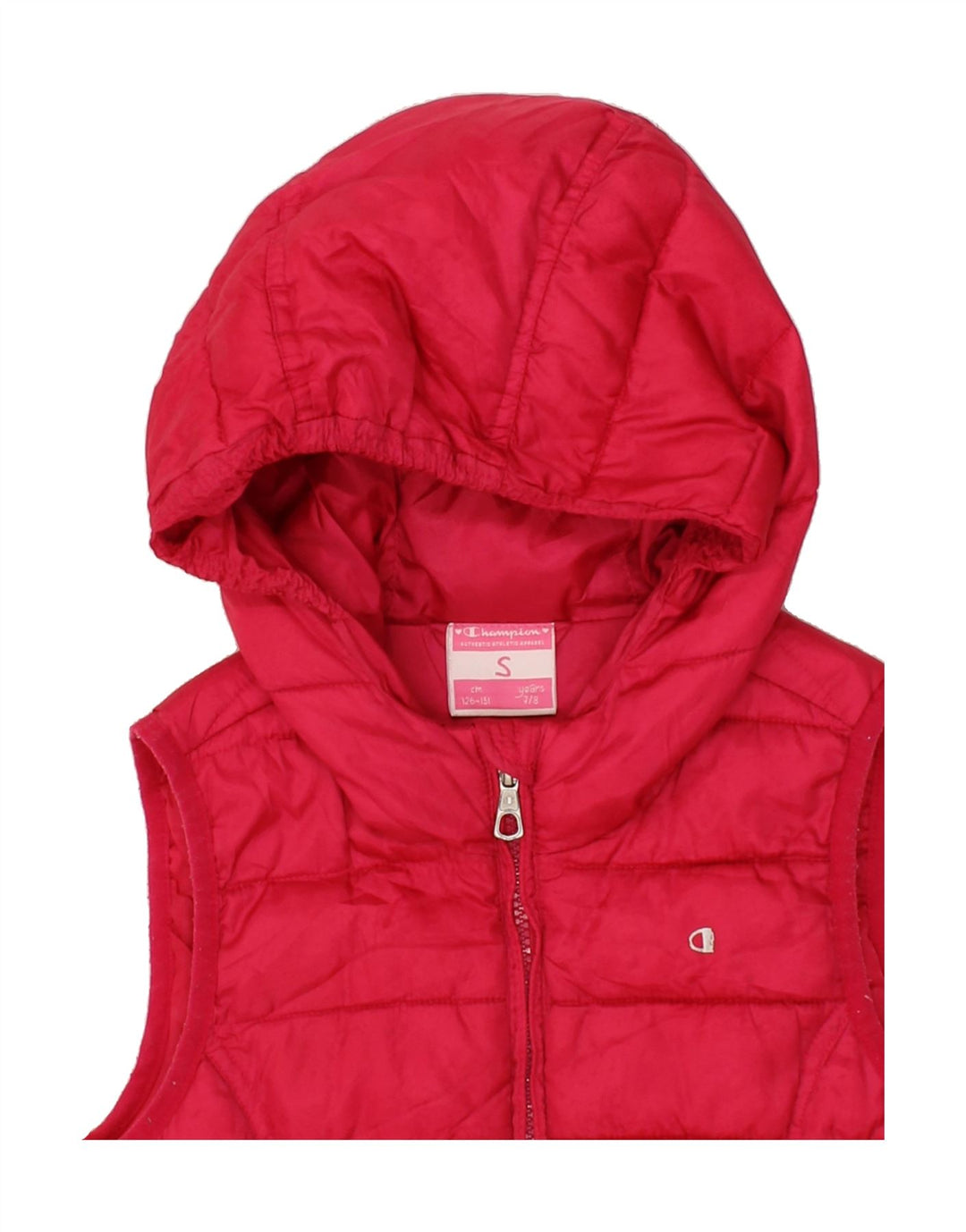CHAMPION Girls Hooded Padded Gilet 7-8 Years Small Pink Vintage Champion and Second-Hand Champion from Messina Hembry 