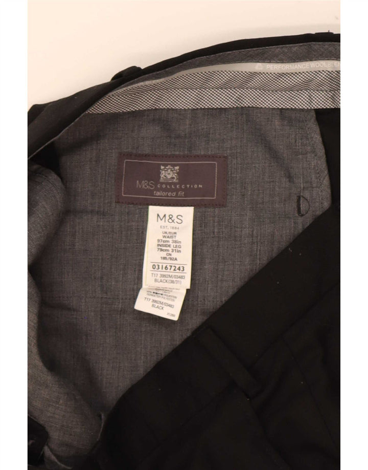 Calça masculina de terno reto Marks & Spencer sob medida W38 L31 lã preta