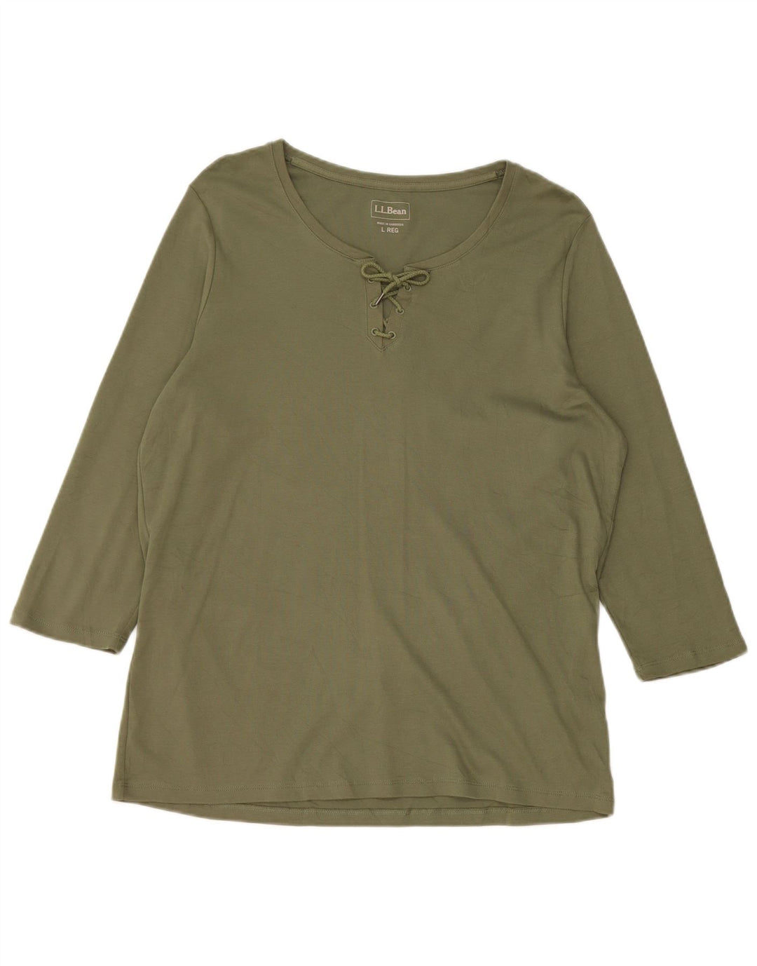 L.L.BEAN Top feminino manga 3/4 Reino Unido 16 grande algodão cáqui