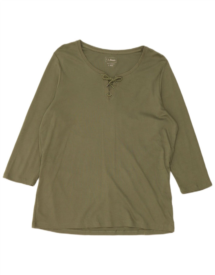 L.L.BEAN Top feminino manga 3/4 Reino Unido 16 grande algodão cáqui