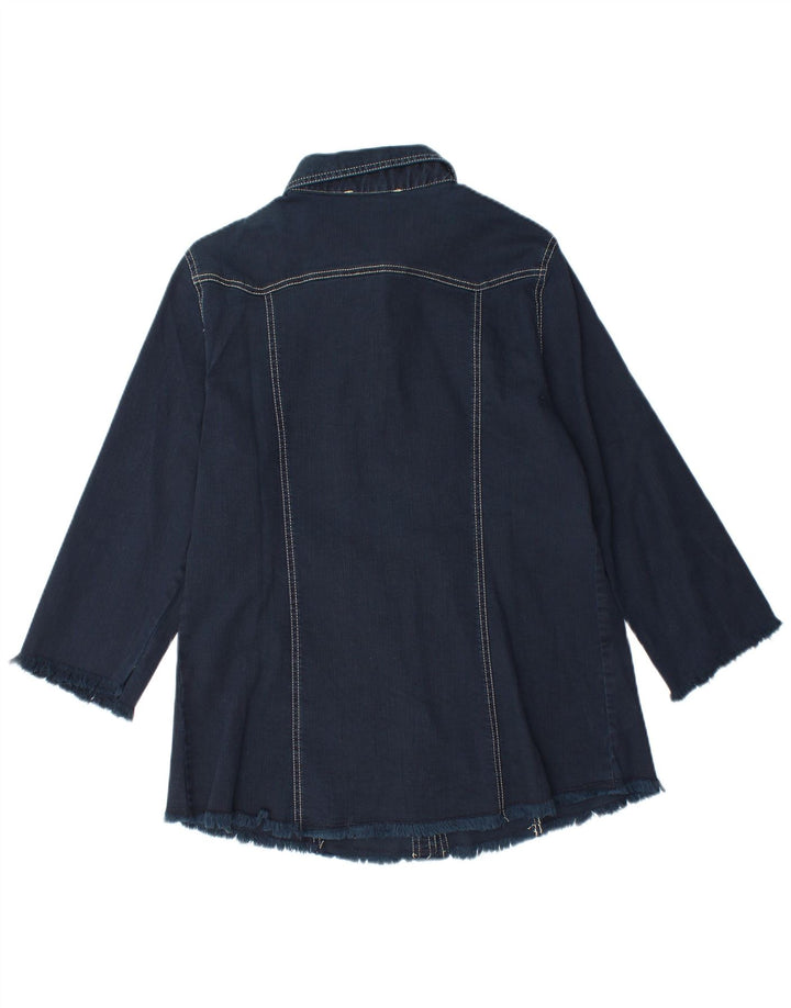 Camisa jeans feminina vintage manga 3/4 com palangre algodão azul marinho médio