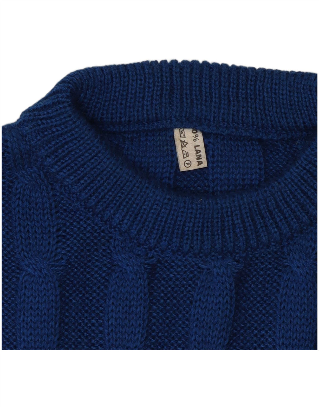 Suéter masculino VINTAGE com gola redonda de lã azul médio