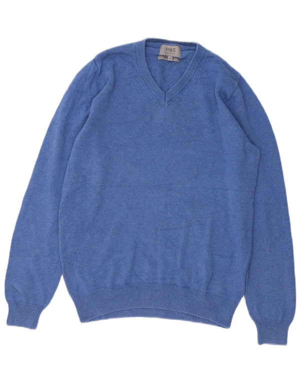 Suéter masculino Marks & Spencer com decote em V, pequeno, azul, algodão
