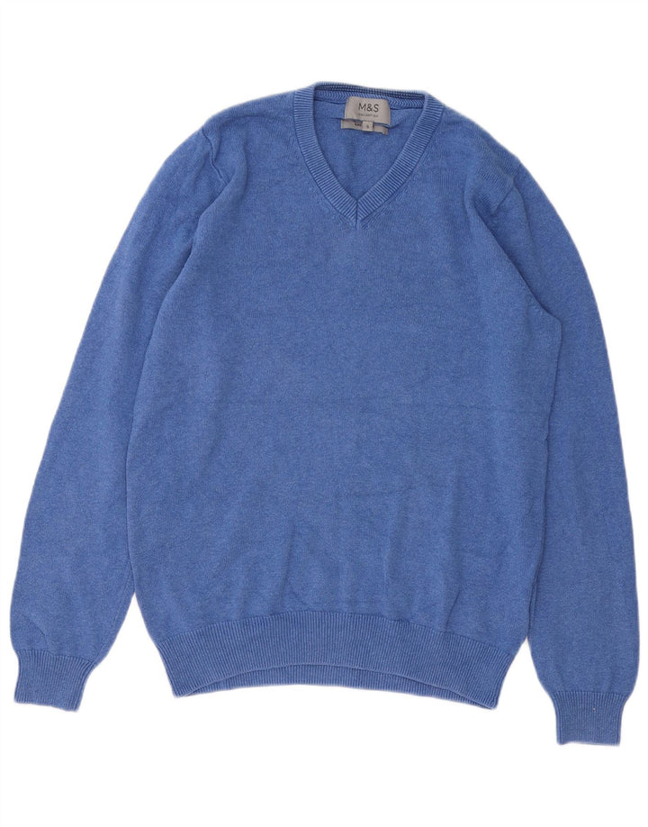 Suéter masculino Marks & Spencer com decote em V, pequeno, azul, algodão