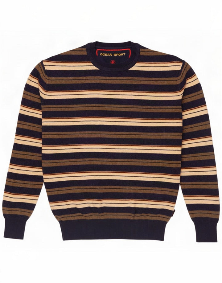 Suéter vintage masculino com gola redonda listrado pequeno multicolorido