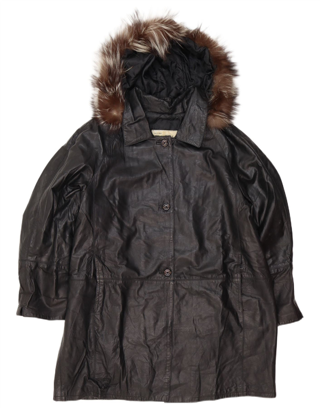 Casaco de couro superdimensionado com capuz feminino vintage IT 48 XL couro preto