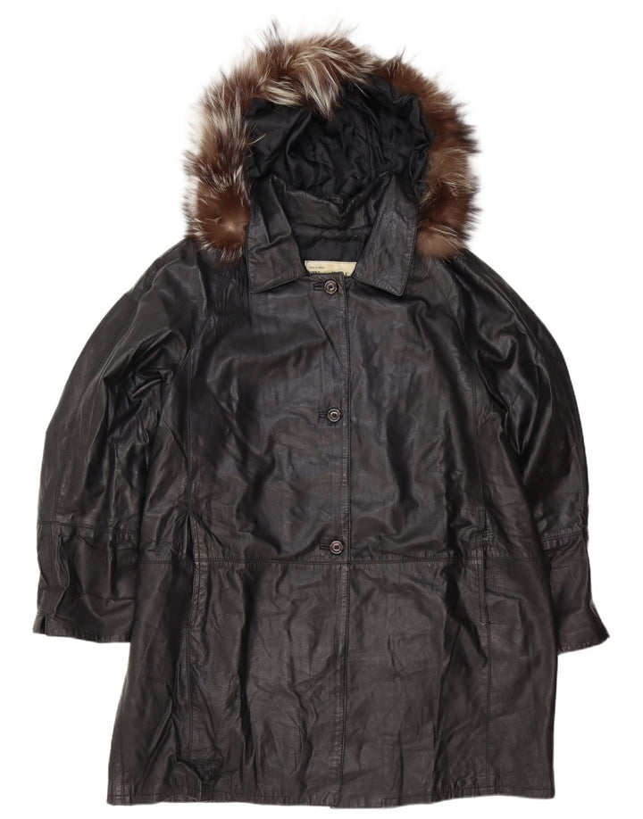 Casaco de couro superdimensionado com capuz feminino vintage IT 48 XL couro preto