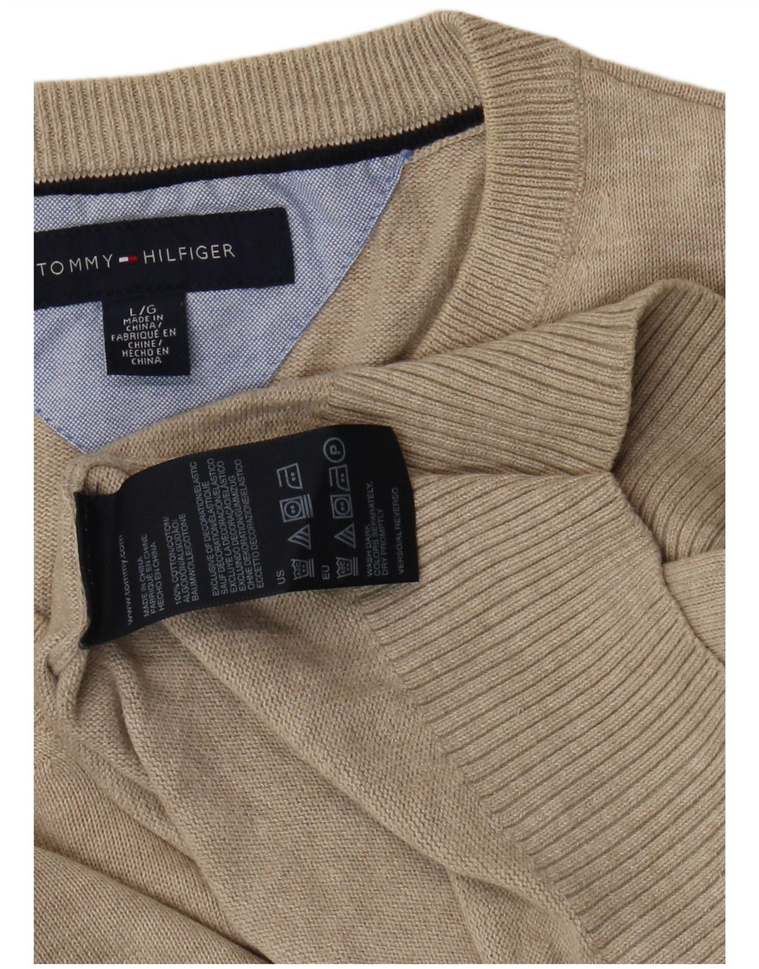 TOMMY HILFIGER Suéter masculino com decote em V grande algodão bege