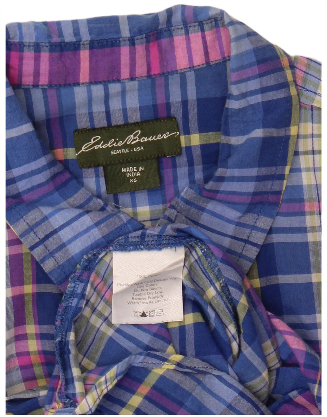Camisa feminina Eddie Bauer de ajuste solto Reino Unido 6 XS azul xadrez algodão