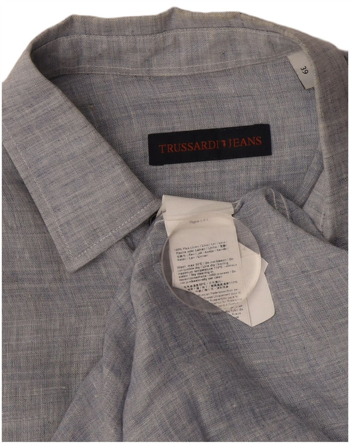 Camisa masculina Trussardi tamanho 39 linho manchado azul médio