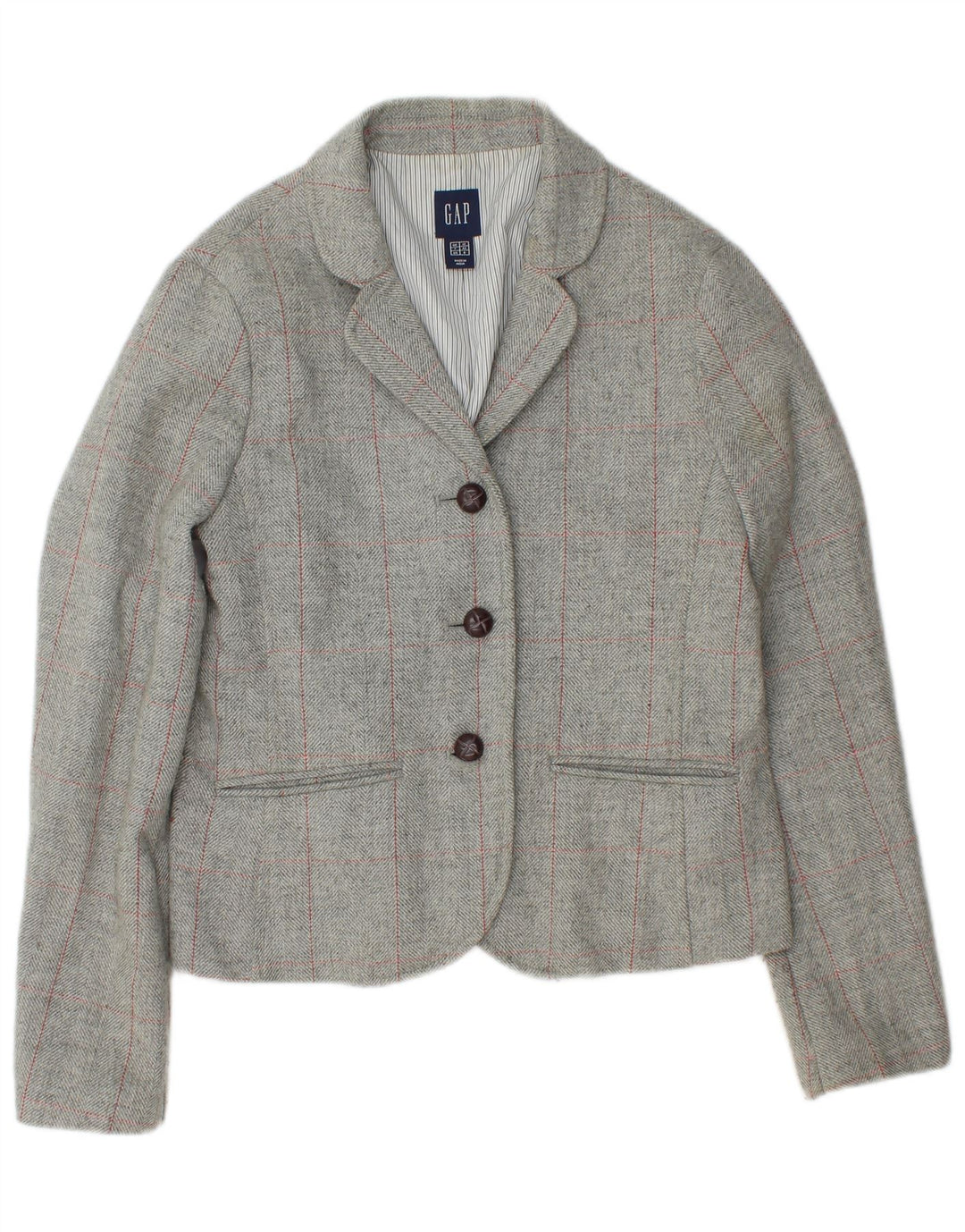 Jaqueta blazer feminina Gap com 3 botões UK 12 lã xadrez cinza médio