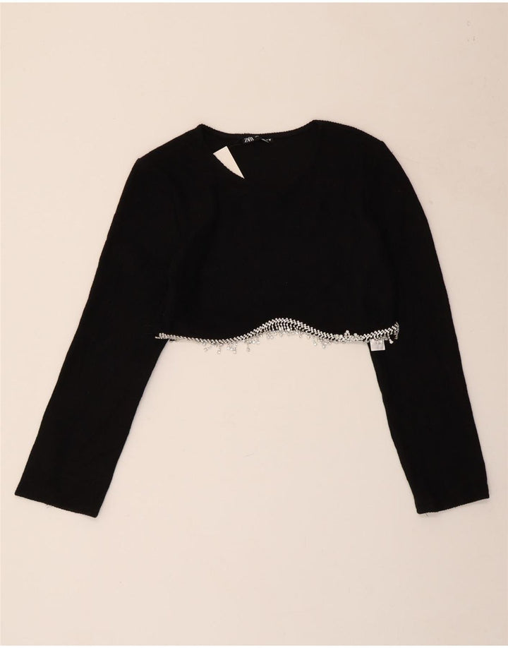 ZARA Womens Crop Long Sleeve Blouse Top UK 10 Small Black Polyester