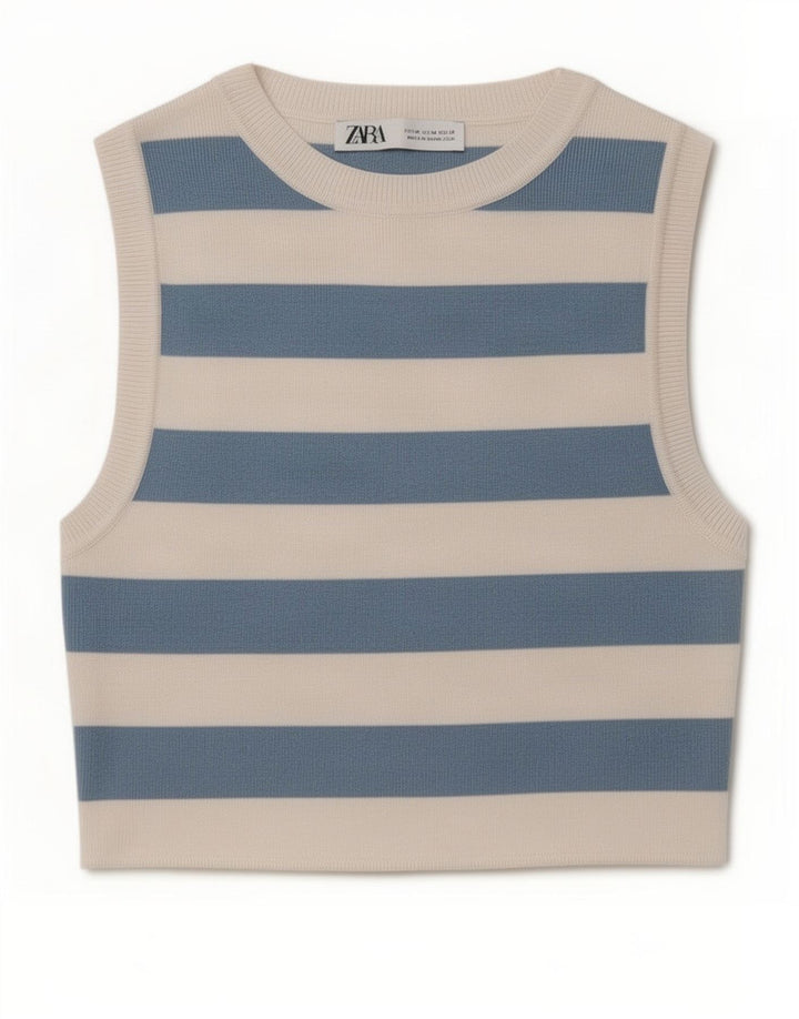 Top colete feminino Zara UK 12 listrado azul médio
