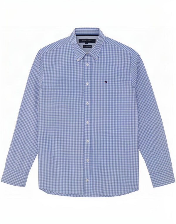 Camisa masculina Tommy Hilfiger pequena azul algodão guingão