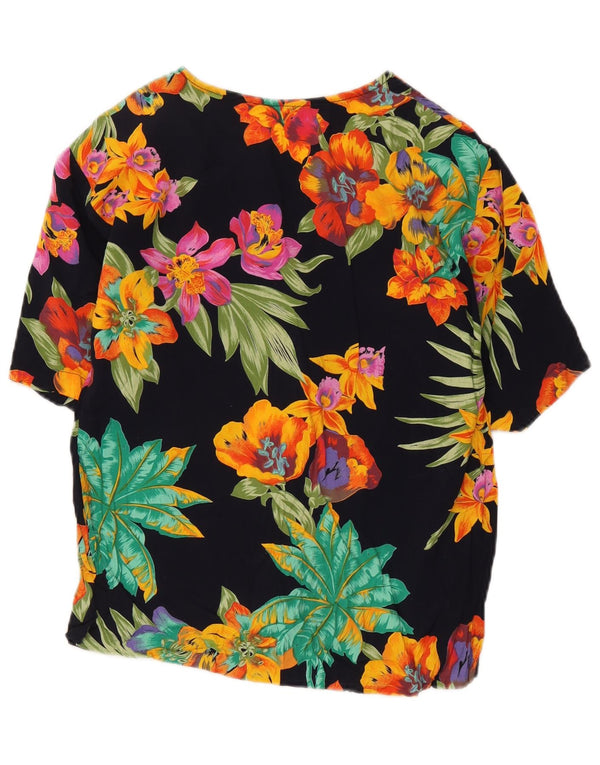 Blusa feminina vintage de manga curta UK 12 médio preto floral