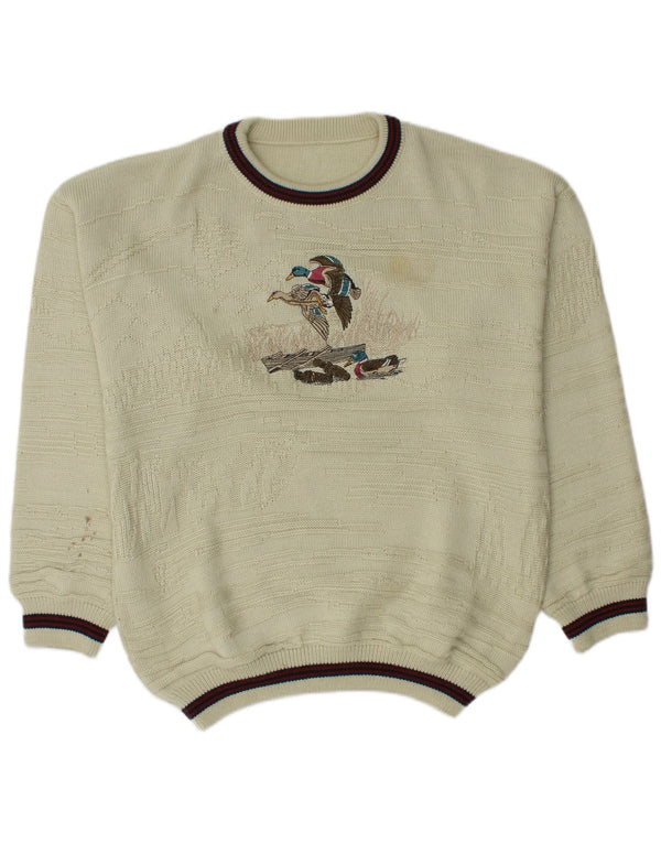 Suéter vintage masculino com gola redonda e gola redonda Reino Unido 46/48 2XL acrílico bege