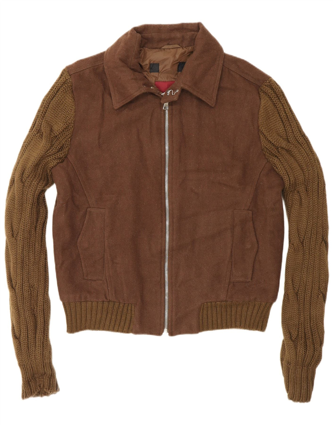 Zara Mens Knit Bomber Jacket UK 40 Grande Lã Colourblock Marrom