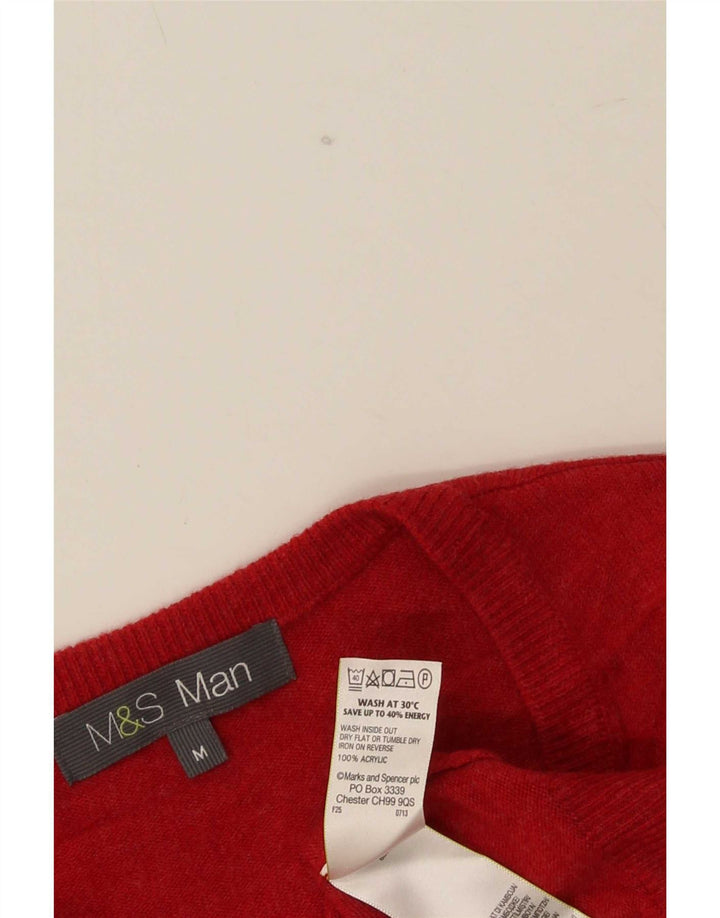 Suéter masculino Marks & Spencer com decote em V, acrílico vermelho médio