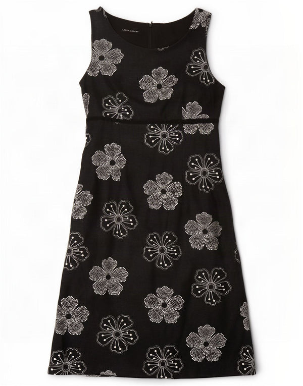Vestido feminino Laura Ashley sem mangas evasê UK 8 pequeno preto floral linho