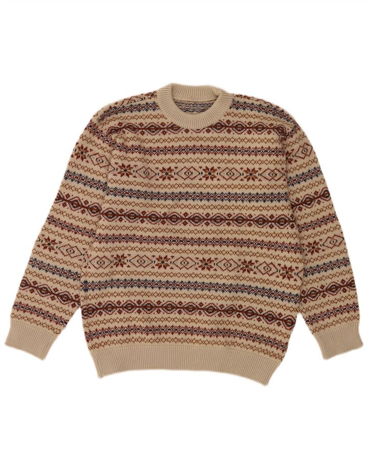 Suéter masculino vintage com gola redonda, médio bege Fair Isle
