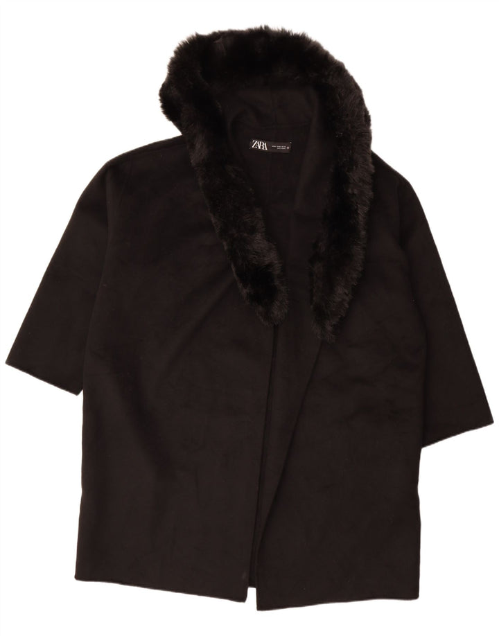 Sobretudo aberto com capuz grande Zara feminino Reino Unido 18 XL lã preta