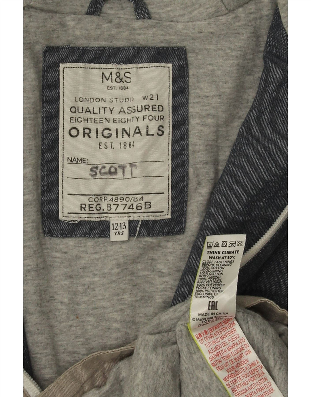 Jaqueta corta-vento com capuz para meninos Marks & Spencer 12-13 anos cinza bloco colorido