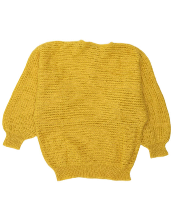 Suéter feminino vintage com gola redonda e botão UK 18 XL amarelo