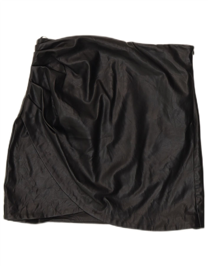Zara mini saia feminina de couro sintético grande W30 poliuretano preto