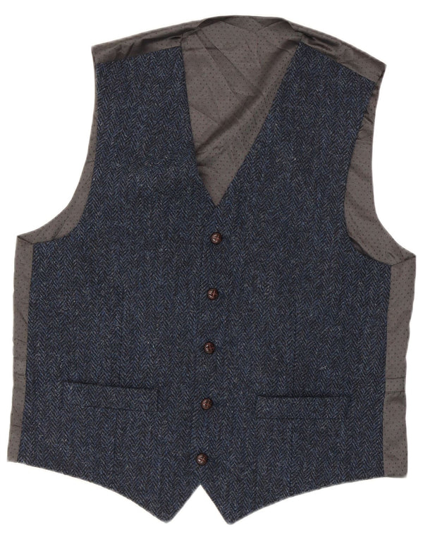 Colete masculino Harris Tweed pequeno espinha de peixe azul lã nova