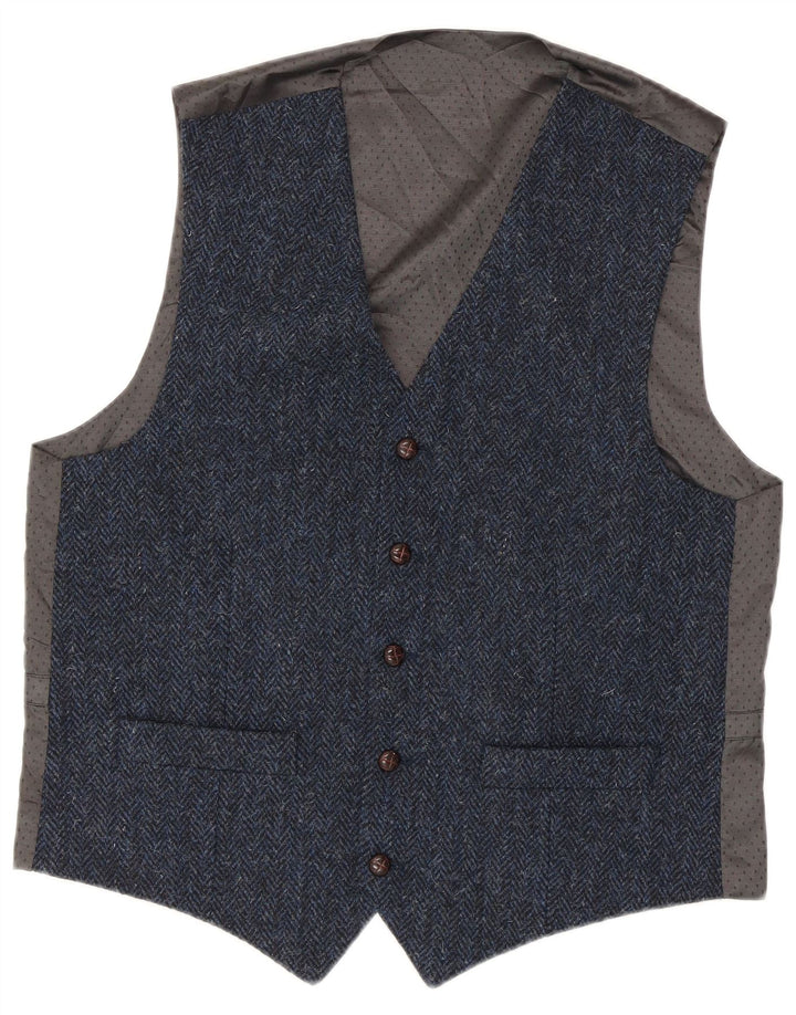 Colete masculino Harris Tweed pequeno espinha de peixe azul lã nova