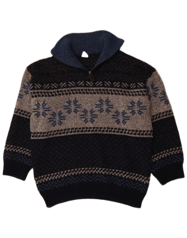 Suéter feminino VINTAGE com zíper e gola UK 18 XL azul marinho Fair Isle