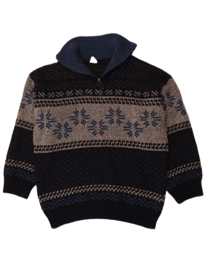 Suéter feminino VINTAGE com zíper e gola UK 18 XL azul marinho Fair Isle