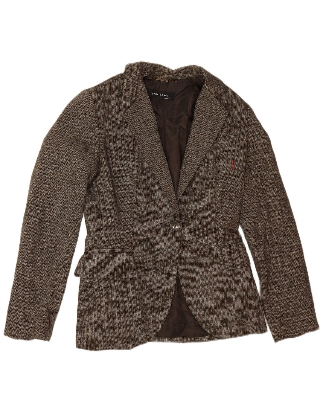 Jaqueta blazer feminina Zara com 1 botão Reino Unido 12 lã espinha de peixe marrom médio