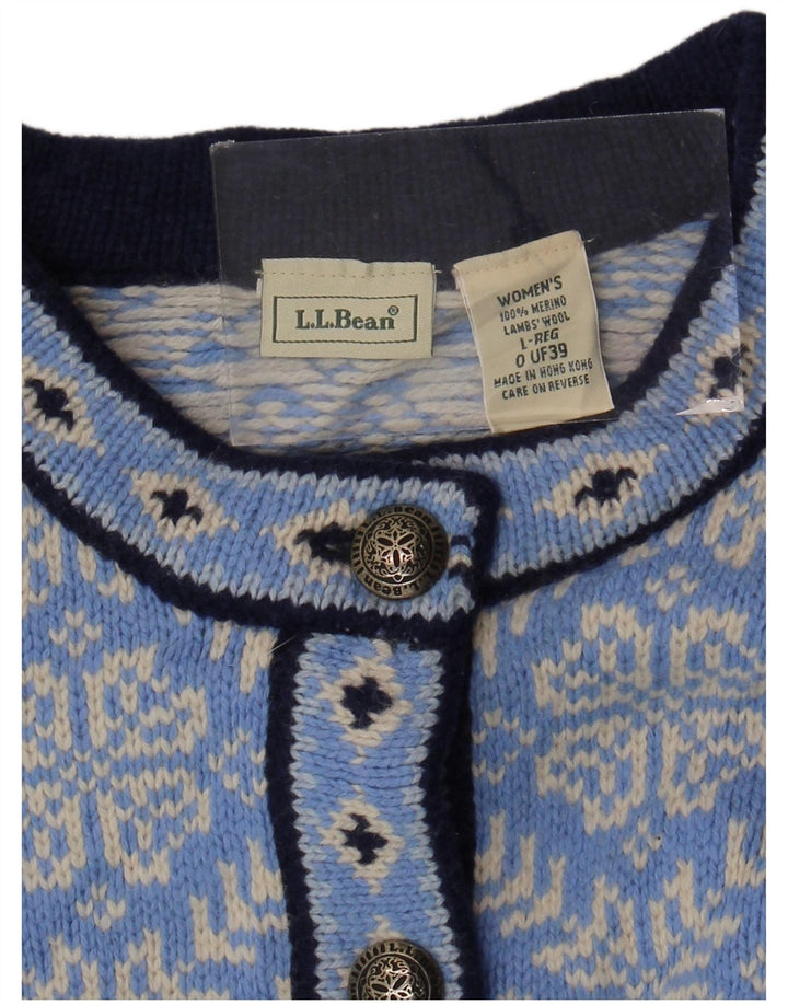 Suéter cardigã feminino L.L.BEAN UK 16 grande azul Fair Isle Merino lã