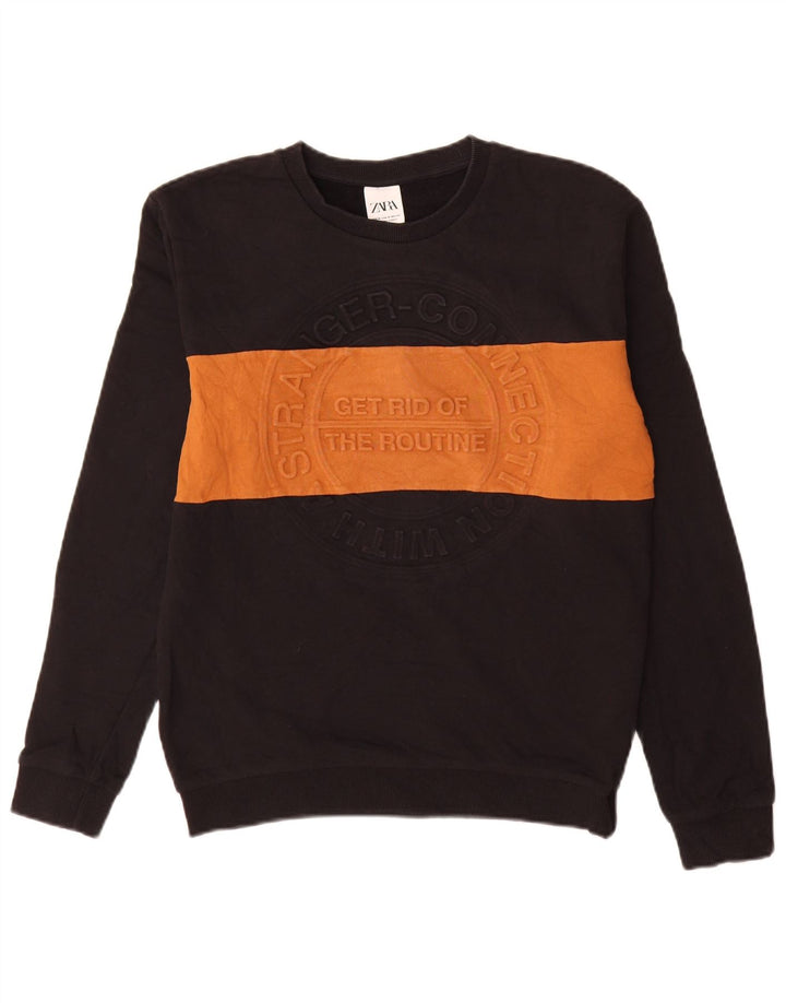 Zara moletom gráfico masculino jumper médio preto colorblock algodão