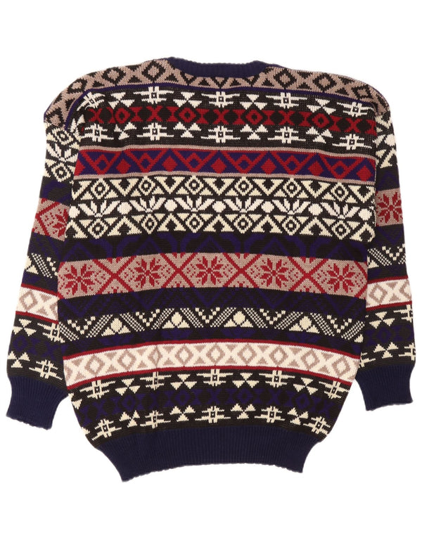 Suéter vintage masculino com gola redonda, grande, multicolorido, Fair Isle, acrílico