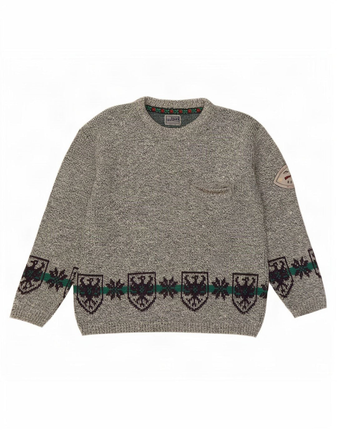 Suéter vintage masculino com gola redonda, grande lã Fair Isle cinza