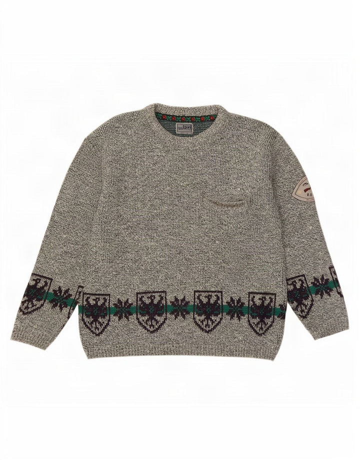 Suéter vintage masculino com gola redonda, grande lã Fair Isle cinza
