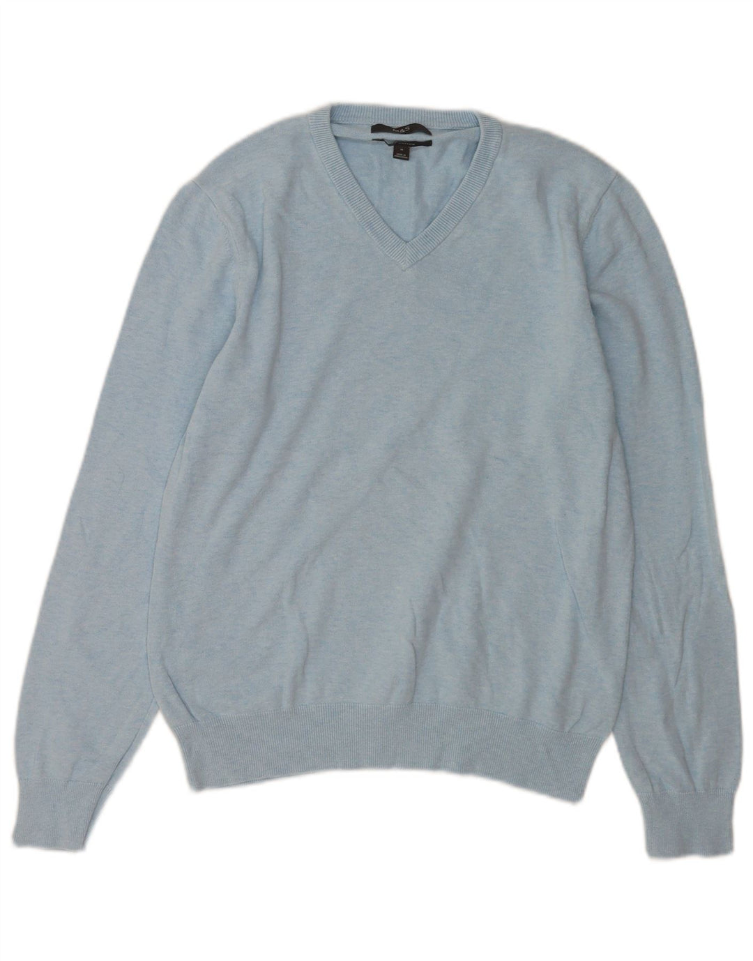 Suéter masculino Marks & Spencer com decote em V de algodão azul médio