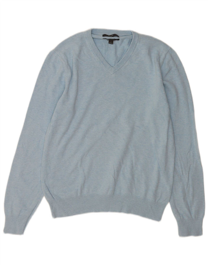 Suéter masculino Marks & Spencer com decote em V de algodão azul médio