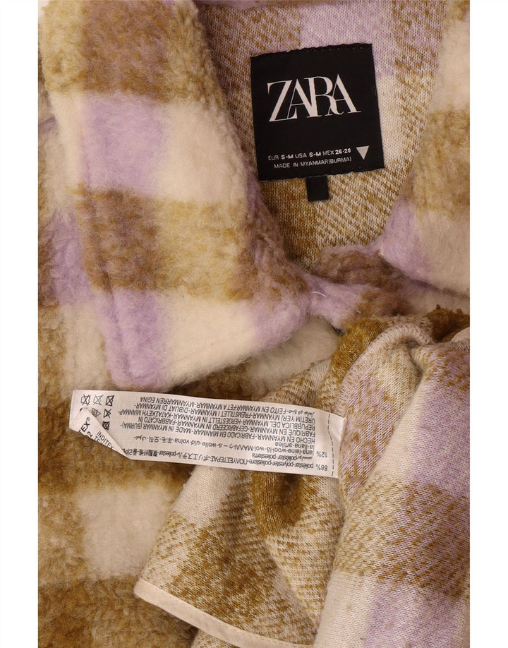 Zara Womens Oversized Fleece Jacket UK 10 Pequeno Bege Xadrez Poliéster