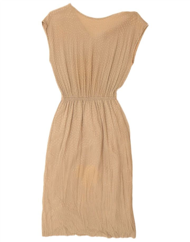 Vestido bainha feminino vintage Reino Unido 10 pequeno bege geométrico